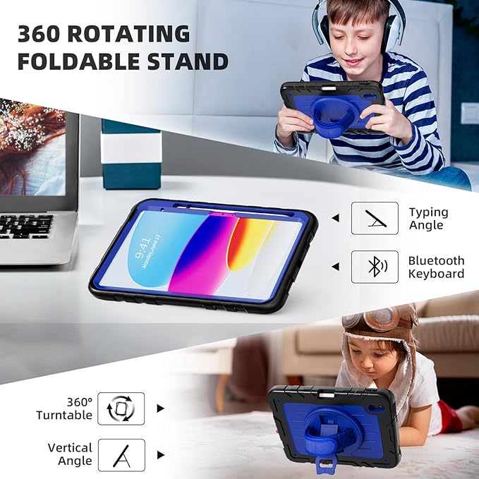 for iPad (A16) 11th/10th Generation Case 2025/2022 (11″/10.9″) Sturdy Heavy Duty Full-Body Shockproof Protective Case with Screen Protector Rotating Stand Hand/Shoulder Strap-Black+Dark Blue