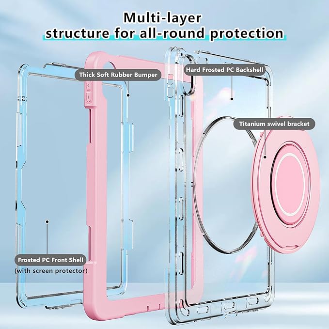 Case for iPad (A16) 11th /10th Generation 11 Inch 2025/10.9 inch 2022with Screen Protector360 Rotating Metal StandClear BackHeavy Duty Shockproof for Kids Case Pink