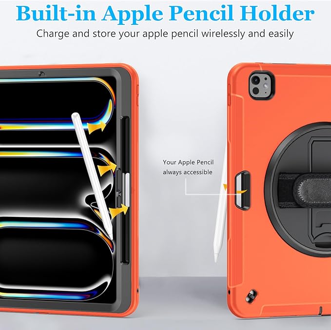 Case for iPad Pro 13 Inch M5 2025/ M4 2024: Military Grade Cover for iPad Pro 13 with Screen Protector - Stand - Handle - Shoulder Strap - Pencil Holder- Orange