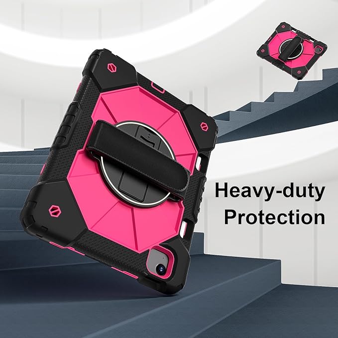 Tablet case for iPad Air 11 inch M2 2024 Tablet case for iPad Air 6th Generation(A2902 A2903 A2904) Hand Strap Shockproof Protective with 360° Rotate Kickstand Shoulder Black/Rose Red