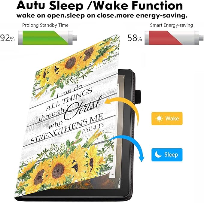 Case for Amazon Kindle Fire 7 Tablet (7 Display 9th/7th Generation 2019/2017 Release) - PU Leather Folio Case with Smart Auto Wake/Sleep Floral Christian Quotes Bible Verse Phil 4:13