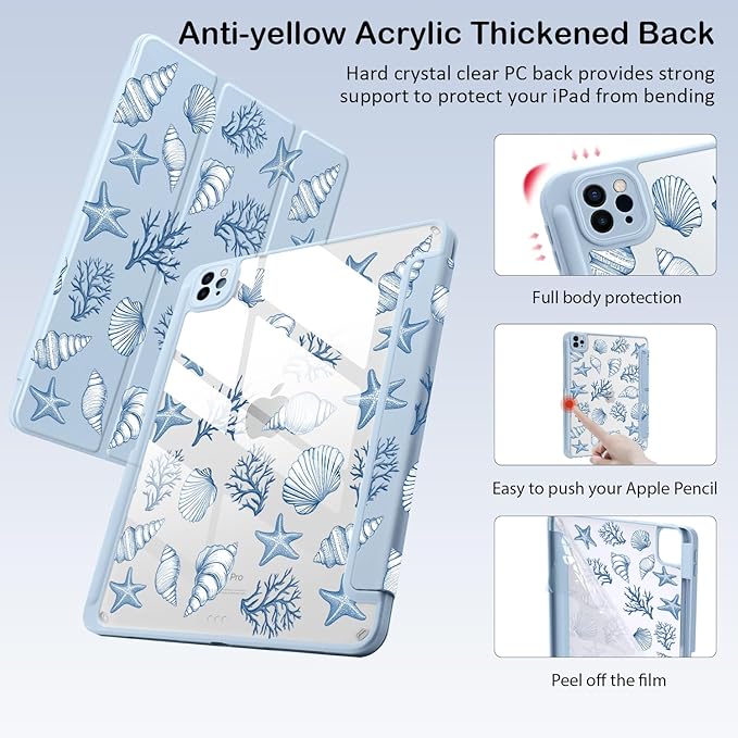 Cute Sea Shell Conch for iPad Pro 11 Inch Case (M5/M4) 2025/2024 with Pencil Holder Auto Sleep/Wake Blue Leather Clear Acrylic Back Cover