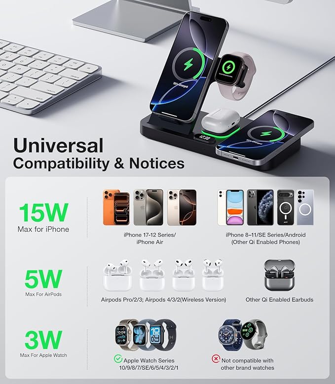 Foldable Magnetic Dual Phone Charging Station 30W Wireless Charger Stand with Clock &amp Night Light Fast Mag-Safe Charger for iPhone 17/16/15/14 Pro Max Plus Air AirPods and Apple Watch