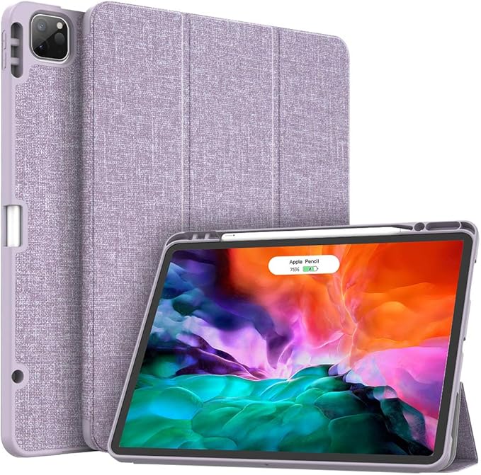Soke for iPad Pro 12.9 Case 2020 &amp 2018 with Pencil Holder - [Full Body Protection + Apple Pencil Charging + Auto Wake/Sleep] Soft TPU Back Cover for 2020 iPad Pro 12.9(Violet)