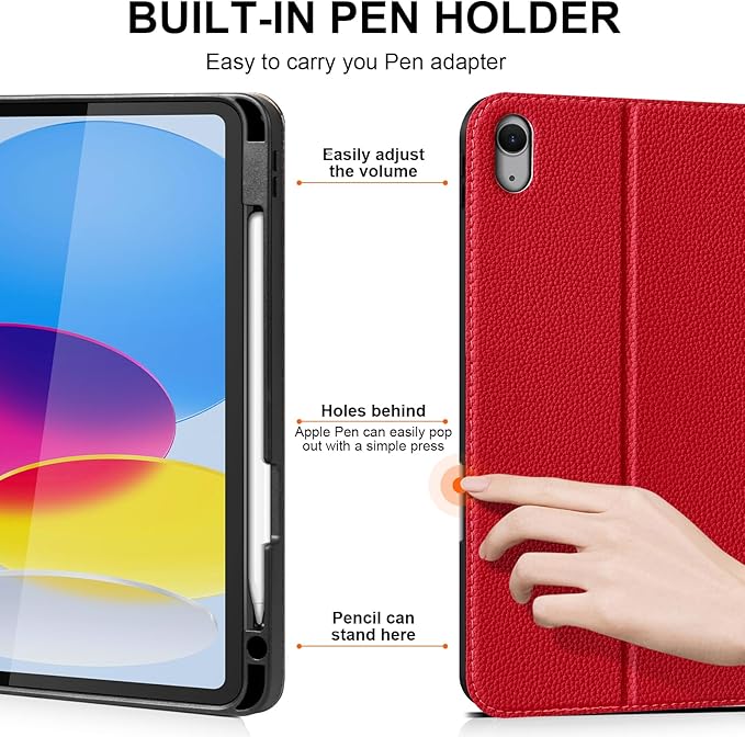 for iPad 11th Gen 11 inch 2025 &amp 10th Gen 10.9 inch 2022 Case with Pencil Holder Premium Leather Smart Cover Auto Wake/Sleep Multi-Angle Protective Stand CaseBright Red