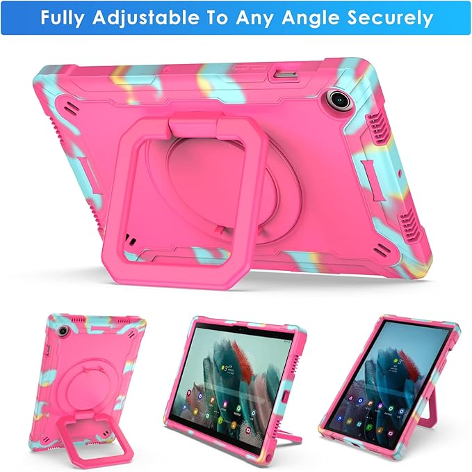 DETUOSI Case for Samsung Galaxy Tab A8 10.5 inch 2022 Galaxy Tab A8 Shockproof Case with 360°Rotatable Stand &amp Shoulder Strap Heavy Duty Case for SM-X200/X205/X207 Camouflage Rose Red