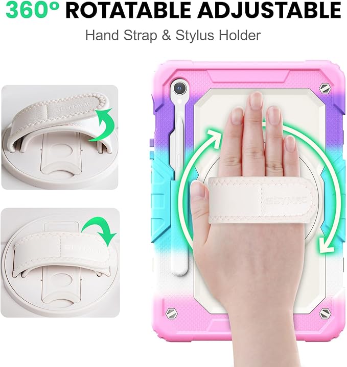 SEYMAC Case for Samsung Galaxy Tab S10 Lite/ S10 FE/ S9 FE/ S9 5G (10.9''/11'') Heavy Duty Shockproof Protective Case with Screen Protector Rotating Stand Hand Strap and Pen Holder Pink