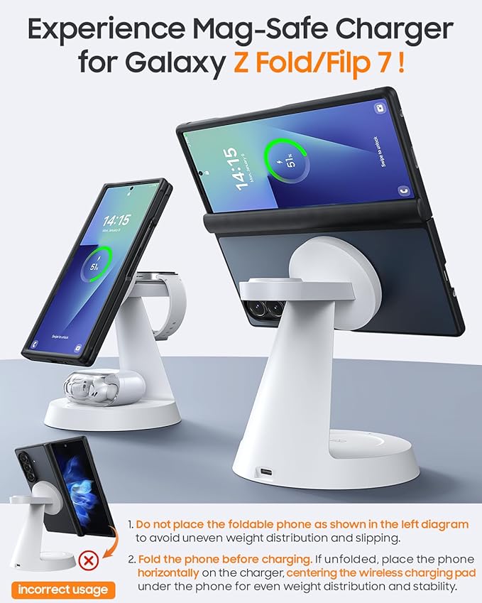 Magnetic Wireless Charger for Samsung 3 in 1 Charging Station Compatible with MagSafe Charger for Samsung Galaxy S26 Ultra Z Fold7/Flip7 Watch Charger Stand for Galaxy Watch Ultra 8 for buds White