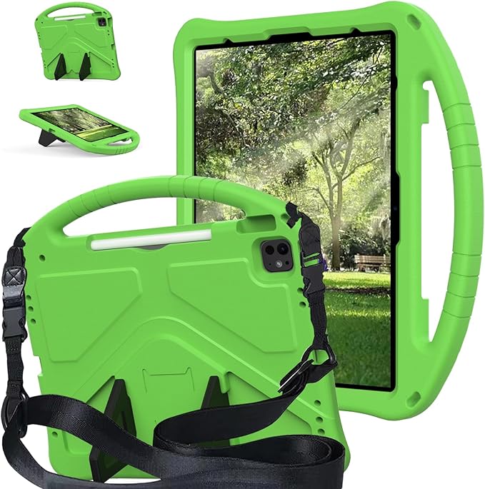 Case for iPad Air 13 inch (M2/M3) 2024/2025 for iPad Pro 13 inch (M4) 2024/12.9 inch (M2) 2022 EVA Shockproof Cover with Strap Handle Stand Green