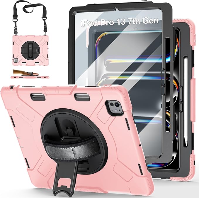 Case for iPad Pro 13 Inch M5 2025/ M4 2024: Military Grade Cover for iPad Pro 13 with Screen Protector - Stand - Handle - Shoulder Strap - Pencil Holder-Orange