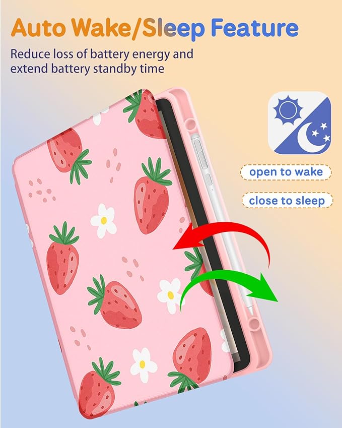 Kidcube for Kindle Fire HD 10/10 Plus Tablet Case - 13th/11th Generation (2023/2021) 10.1 Women Girl Cute Girly Strawberry Kawaii Rotating Stand Pencil Holder Folio Case for Amazon Fire HD 10/10 Plus