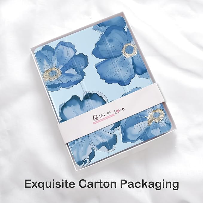 Cute Floral Flower for iPad mini 7 A17 Pro 2024/iPad Mini 6 Case with Pencil Holder Auto Sleep/Wake Blue Leather Soft TPU Back Cover