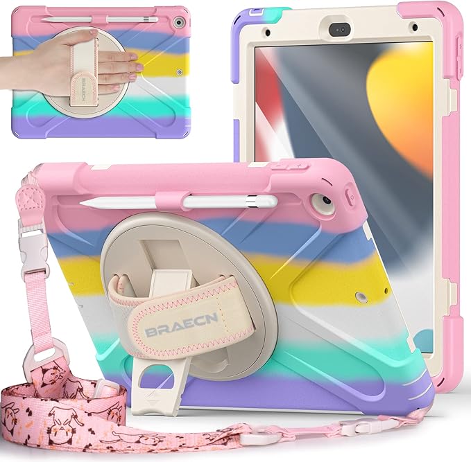BRAECNstock Kids Case for Apple iPad 9th/ 8th/ 7th Generation 10.2 2021/2020/2019 Shockproof Protective with Pen Holder Screen Protector Rotating Stand &amp Hand Strap Shoulder Strap Colorful Pin