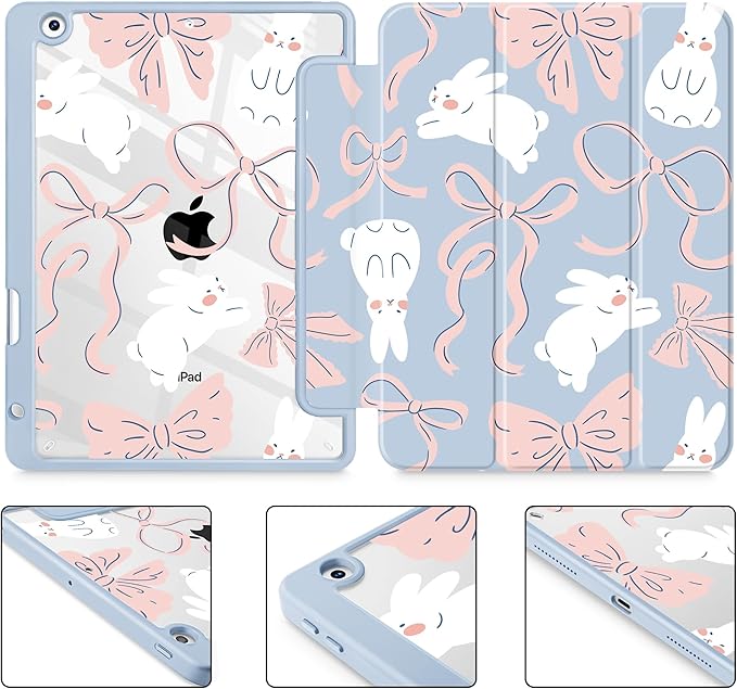 Case for iPad 9th/ 8th/ 7th Generation 10.2-Inch Case(2021/2020/2019 Release) [Built in Pencil Holder] Trifold Stand Auto Wake/Sleep Clear TPU Protection Back Cover Bunny Bows