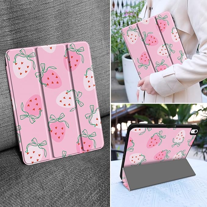 MEEgoodo for M4/M3/M2 iPad Air 11 inch Case 2026 2025 2024Case for iPad Air 5th Generation/iPad Air 4th Gen 10.9 inch 2022 2020 Tablet Cover with Soft TPU Back Shell Strawberry &amp Bow