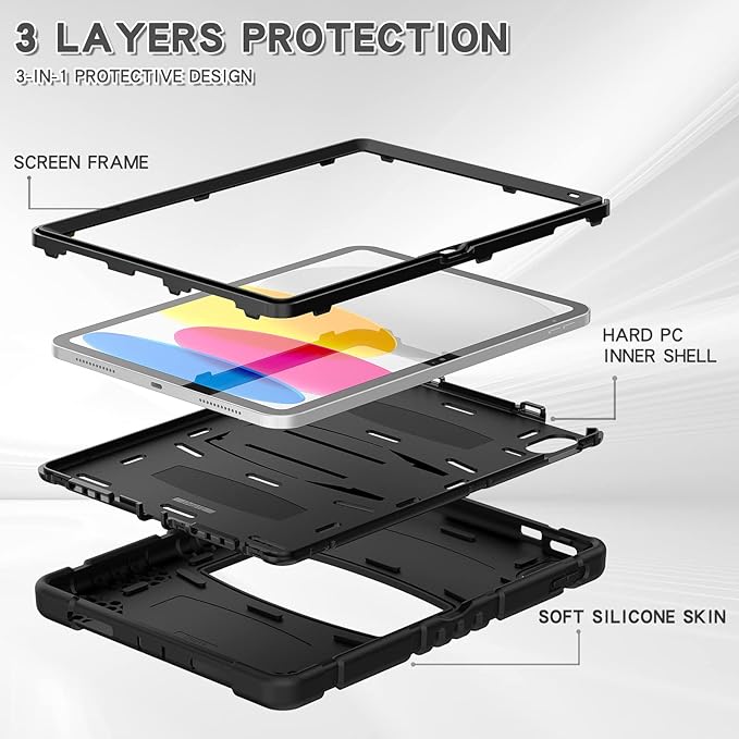 BATYUE Case for iPad (A16) 11th/10th Generation 10.9'' 2025/2022 Rugged Protective Shockproof Cover with Screen Protector 360° Rotating Stand Pencil Holder Carrying Strap Black