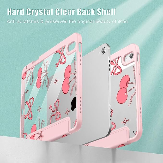 May Chen for iPad (A16) 11th Generation Case 11 Inch 2025 iPad 10th Gen Case 2022 10.9 inch Built-in Pencil Holder with Shockproof Cover Clear Back Shell Auto Wake/Sleep Girly Cherry &amp Bow