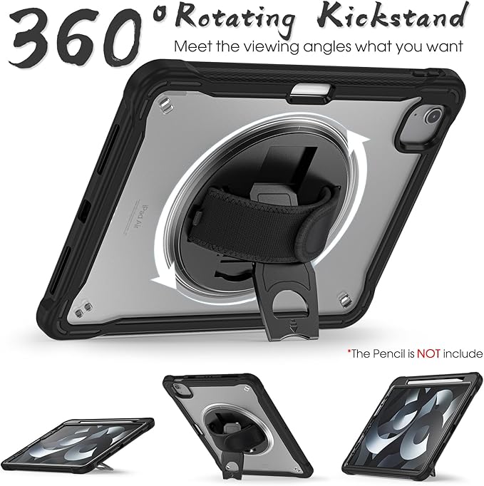 BRAECNstock Case for iPad Air 11-inch M4 2026/ M3 2025/ M2 2024 and Air 5th/4th Gen 10.9‘’ &amp Pro 11-inch 1st-4th 2018-2022 Kids Cover with Pencil HolderScreen ProtectorHandle Stand-Black