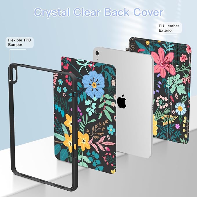 Teryeefi Case for iPad (A16) 11th Generation 11 Inch 2025 &amp iPad 10th Generation 10.9 Inch 2022 with Pencil HolderAuto Wake/SleepTrifold Stand Soft TPU Protective Cover (Pretty Flowers)