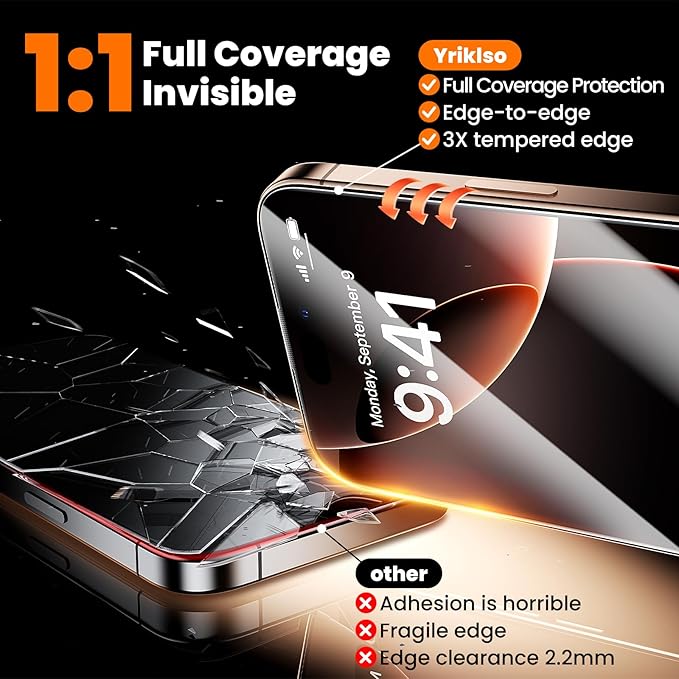 2-Pack for iPhone 16 Pro Screen ProtectorMilitary Grade ShatterproofBubble-Dust Free Box9H+ HD Tempered GlassFull CoverageScratch &amp Smudge Resistant for iPhone 6.3 inch