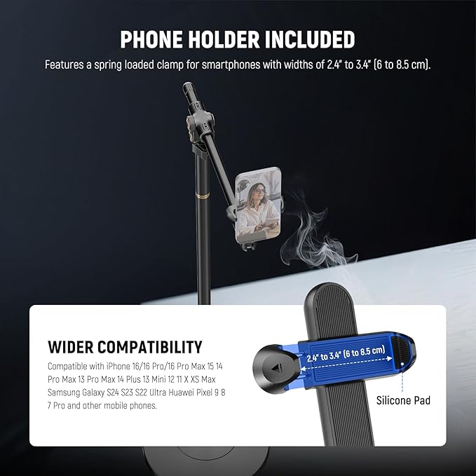 NEEWER BASICS Phone Floor Stand with Horizontal Extension Arm Adjustable Bed Phone Holder Clamp Mount Compatible with iPhone 16 15 Pro Max Plus Samsung for Video Recording Weighted Metal Base ST009