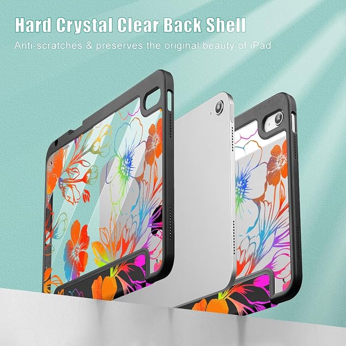 Tuiklol for 2025 iPad (A16 Chip) 11th Generation 11 inch/iPad 10th Generation 10.9 inch 2022 Case Buit in Pencil Holder with Clear Back Shell Cover Trifold Stand Auto Wake/SleepColor Flower Black