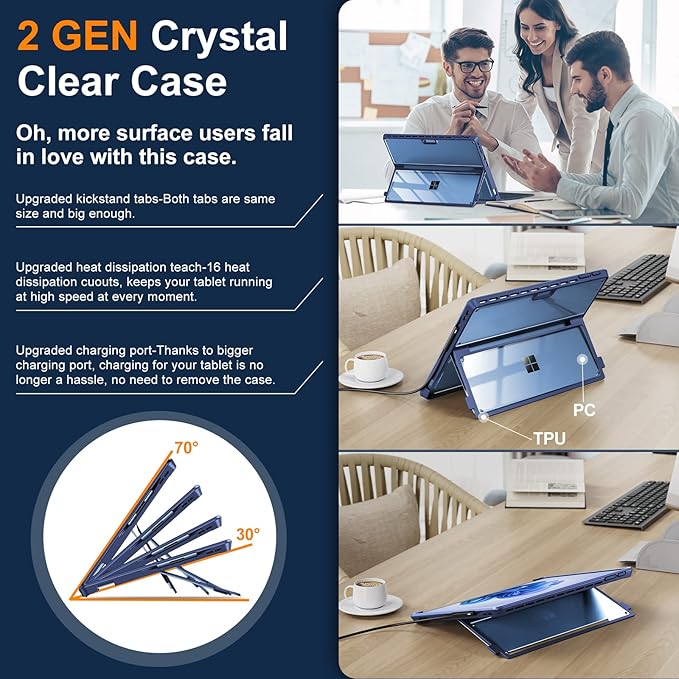 INFILAND Case Crystal Clear Multi-Angle Shockproof for Microsoft Surface Pro 9/10 Compatible with Surface Pro Signature Keyboard &amp Slim Pen 2 Blue