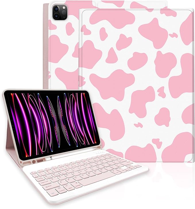 TopPerfekt for iPad Pro 11 4th/3rd/2nd/1st Gen (2022/2021/2020/2018) Keyboard Case Magnetically Absorbent Auto Sleep/Wake Support 2nd Gen Pencil Wireless Charge with Pencil Holder - Pink Cow