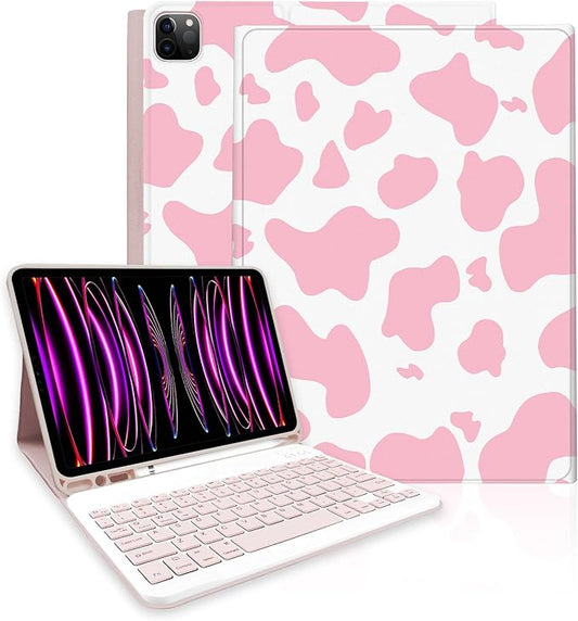 TopPerfekt for iPad Pro 11 4th/3rd/2nd/1st Gen (2022/2021/2020/2018) Keyboard Case Magnetically Absorbent Auto Sleep/Wake Support 2nd Gen Pencil Wireless Charge with Pencil Holder - Pink Cow
