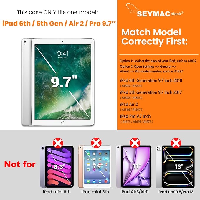 SEYMAC stock Case for iPad 6th/5th Generation/Air 2/Pro 9.7'' Strong Magnetic Auto Sleep Shockproof Case with Absorbing Multi-Angles Stand Pen Holder Card Slot (Black)