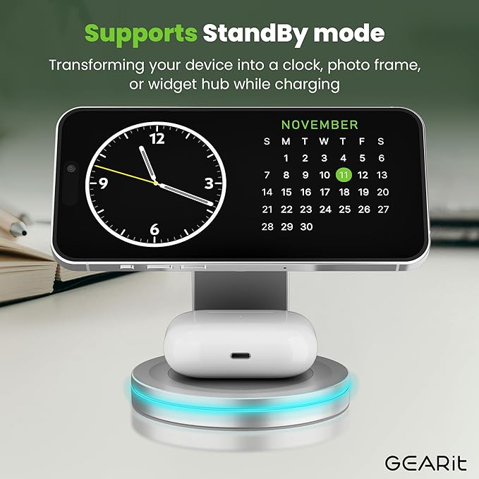 GEARit 3-in-1 Wireless Charging Station - Magsafe Compatible Charger Stand for Phone Watch Earbuds iPhone 14 15 16 16 Pro Pro Max Apple Watch Airpods Samsung Galaxy and Multiple Devices