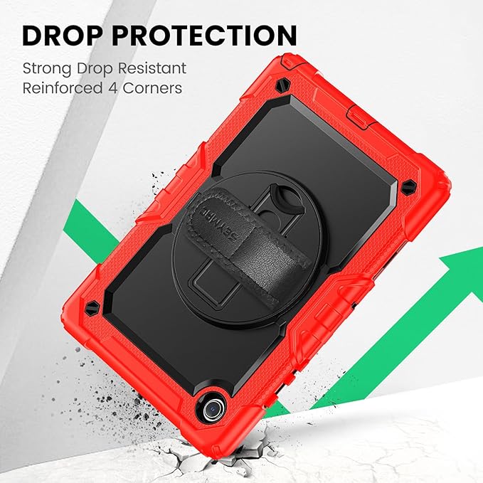 SEYMAC for Samsung Galaxy Tab A8 Case 10.5 Inch (SM-X200/ X205/ X207) Heavy Duty Full-Body Shockproof Protective Case with Screen Protector Rotating Stand Hand/Shoulder Strap and Pen Holder Red
