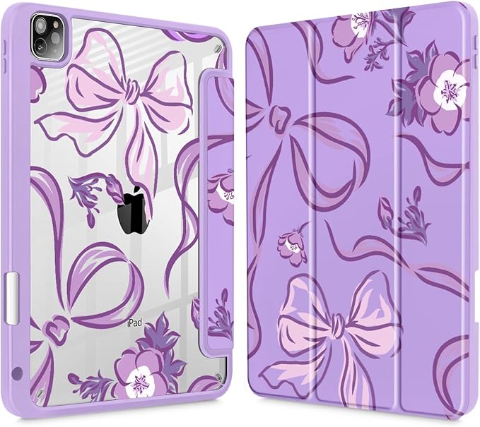 Mektron Case for iPad Pro 11 inch (4th 3rd 2nd &amp 1st Gen) 2022 2021 2020 2018 Buit in Pencil Holder with Shockproof Cover Clear Shell + Auto Wake/Sleep Flowers-Bows-Purple
