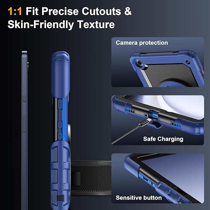 Case for Samsung Galaxy Tab A9+/A9 Plus 11 Inch 2023(SM-X210/X216/X218) Ubearkk Full-Body Drop Protection Case with Screen Protector 360° Rotating Stand and Hand/Shoulder Strap Navy Blue