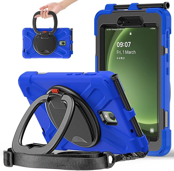 Rugged Case for Samsung Galaxy Tab Active5 5G (SM-X306B/X300) w/ 360° Rotating Hanging Ring Handle Grip Kickstand Heavy Duty Shock-Proof Armor Cover w/Shoulder Strap Stylus Holder (Blue)