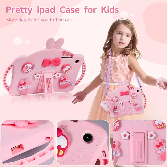 for Samsung Galaxy Tab A9 Plus 11 inch Case for Kids Girls with Adjustable Shoulder Straps Handle Wallet Rabbit Soft Silicone Tablet Cover for Tab A9+ 11'' 5g 2023(Pink)