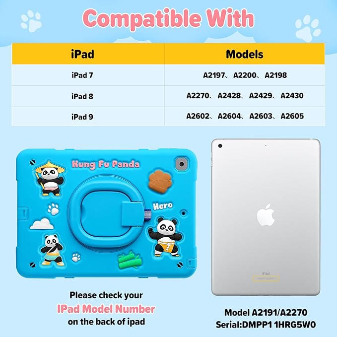 Case for iPad 9th/8th/7th Generation iPad 10.2 Inch 2021/2020/2019 Funny Cartoon Silicone 3D Panda Design Kids Case Heavy Duty Protection with Stand/Pencil Holder/Shoulder Strap