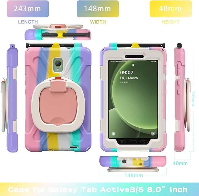 Rugged Case for Samsung Galaxy Tab Active5 5G (SM-X306B/X300) w/ 360° Rotating Hanging Ring Handle Grip Kickstand Heavy Duty Shock-Proof Armor Cover w/Shoulder Strap Stylus Holder (Macaron)