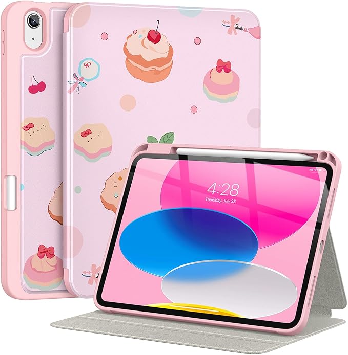 Supveco Case for iPad (A16) 11th Generation 11 inch (2025)iPad 10th Generation 10.9 inch (2022) with Pencil HolderPremium Folio Stand Case with Soft TPU Back CoverAuto Wake/Sleep-Pink Cake