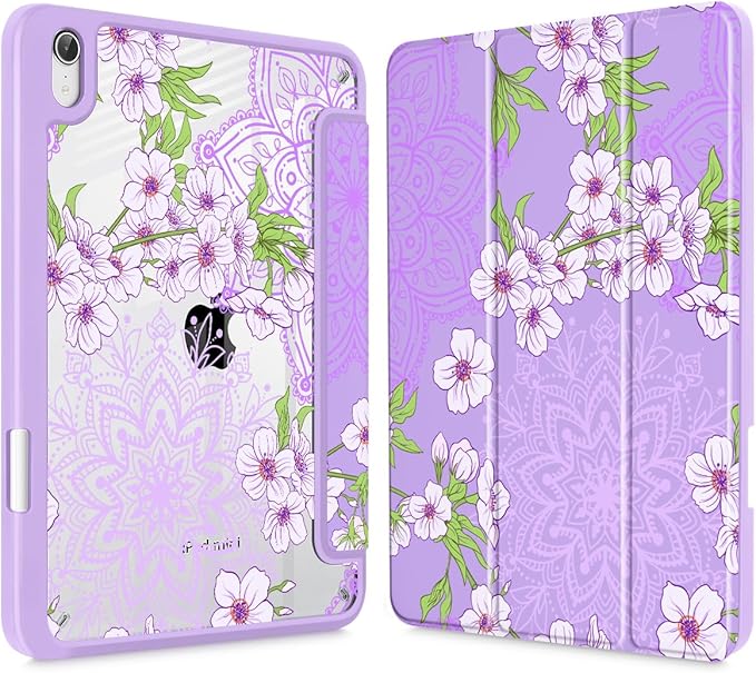 Mektron Printed Case for iPad mini 7 (A17 Pro) 2024/ Mini 6 2021 iPad mini 7th/6th Generation 8.3-inch Liquid Retina Display Cover Buit in Pencil Holder with Clear Back Shell Blossom Sakura-Purple