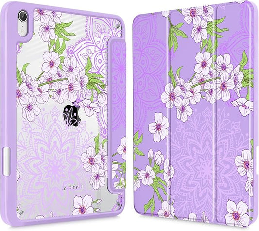 Mektron Printed Case for iPad mini 7 (A17 Pro) 2024/ Mini 6 2021 iPad mini 7th/6th Generation 8.3-inch Liquid Retina Display Cover Buit in Pencil Holder with Clear Back Shell Blossom Sakura-Purple