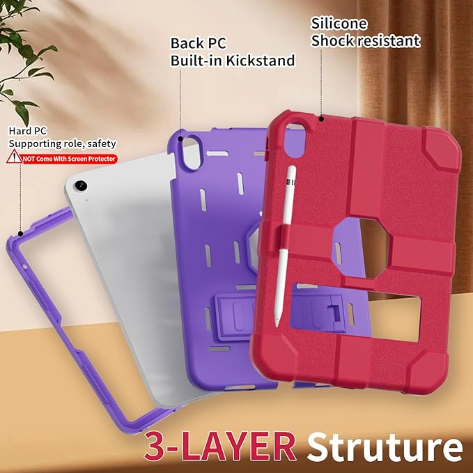 Case for iPad (A16) 11th Generation 11 Inch 2025 / iPad 10th Generation 10.9 Inch 2022 Rugged Heavy Duty Protective Cover [Built-in Pencil Holder ] for iPad 11/10 Gen (Rosered/Purple)