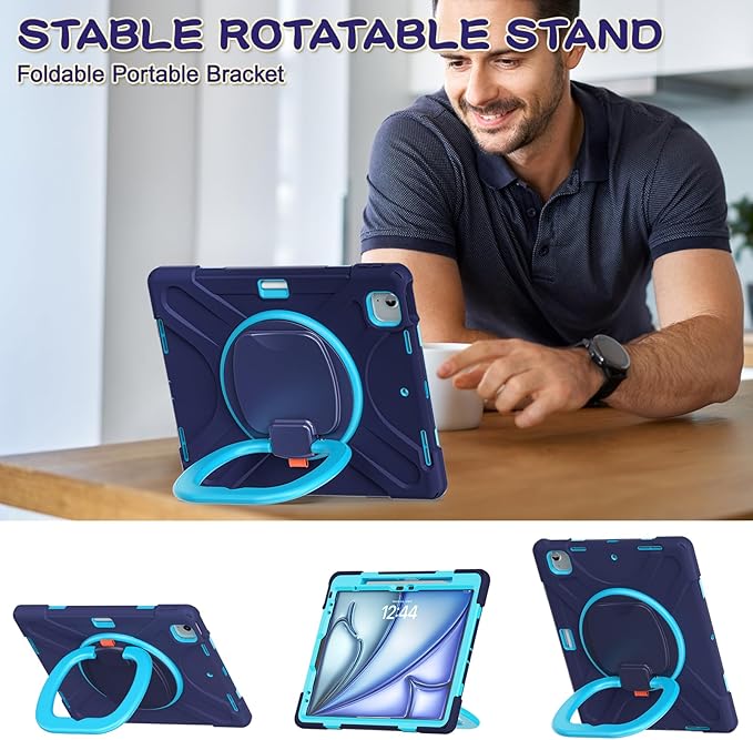 MEEgoodo Case for iPad Air 13 inch 2025 (M3) /2024 (M2) &amp iPad Pro 12.9 Case 6th/5th/4th/3rd Generation 2022 2021 2020 2018 Tablet Cover with Pencil Holder/Rotating Stand/Shoulder Strap Navy Blu