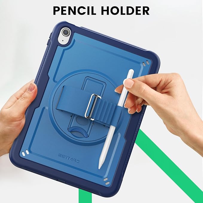 SEYMAC for iPad (A16) 11th/10th Generation Case 2025/2022 (11″/10.9″) Full-Body Shockproof Protective Case with Screen Protector Rotating Stand Hand/Shoulder Strap Navy Blue