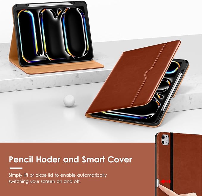 VIKESI Case for iPad Pro 13-inch M5 or M4 Released in 2025 or 2024 Leather Stand Cover with Apple Pencil Holder Auto Wake/Sleep Multiple Viewing Angles Built in Hand Strap &amp PocketBrown