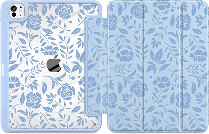 MecBevia Case for iPad Pro 11 inch M5 2025 / M4 2024 (6th/5th Gen) A3357 A3358 A3359 A2836 A2837 A3006 – Built-in Pencil Holder &amp Auto Wake/Sleep Vintage Blue Floral