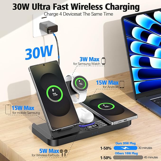 Magnetic Wireless Charger for Samsung 6 in 1 for Samsung Charging Station30W Dual Phone with Auto-Switch 7-Color Light &amp Clockfor Samsung S26for Galaxy Buds for Samsung Galaxy Watch