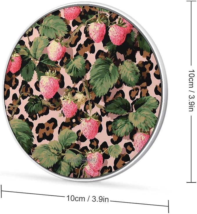 Leopard Print Strawberries Leaves Phone Charger Magnetic Charging Pad Anti-Slip with USB Cable