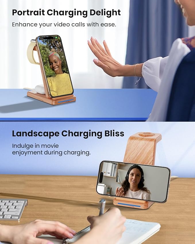 Wireless Charging Station 3 in 1 Wireless Charger Stand for Multiple Apple Devices Charging Dock for iPhone 16 15 14 13 12 11 Pro Max XS 8 Apple Watch 8 7 6 SE 5 4 3 2 3/2/Pro Wood