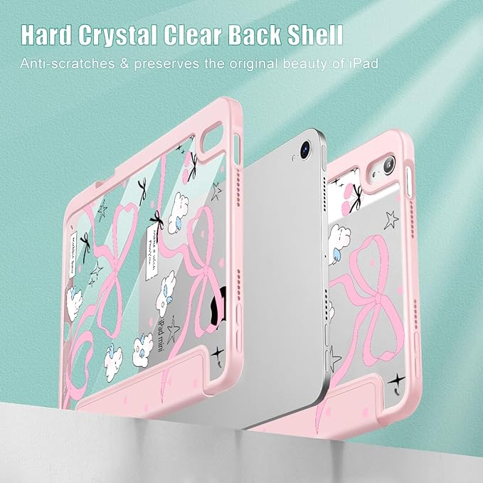 Mektron Printed Case for iPad mini 7 (A17 Pro) 2024/ Mini 6 2021 iPad mini 7th/6th Generation 8.3-inch Liquid Retina Display Cover Buit in Pencil Holder with Clear Back Shell Pink Bows-Rabbits